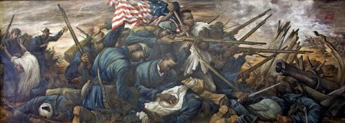 "The 54th Massachusetts regiment, under the leadership of Colonel Shaw in the attack on Fort Wagner, Morris Island, South Carolina, in 1863" 