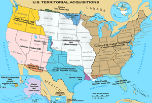 This image depicts the Territorial acquisitions of the United States, such as the Thirteen Colonies, the Louisiana Purchase, British and Spanish Cession, and so on.  (Photo credit: Wikipedia)