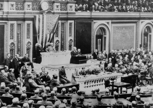 President Woodrow Wilson announced to a joint session of Congress on April 2, 1917, that a new age had begun. Credit Associated Press
